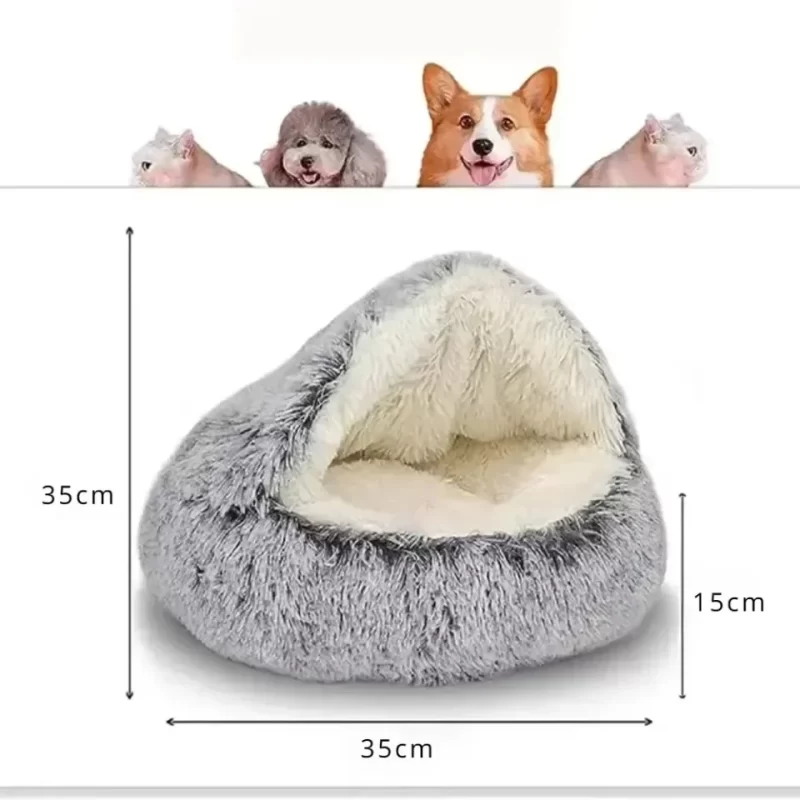Plush Dog Bed | Warm Comfortable Fluffy Round Hooded Cat Cave